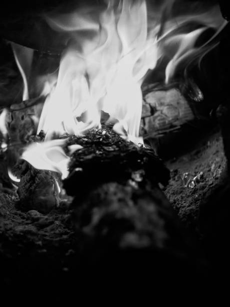 Black and white fire flame and burning wood in stove