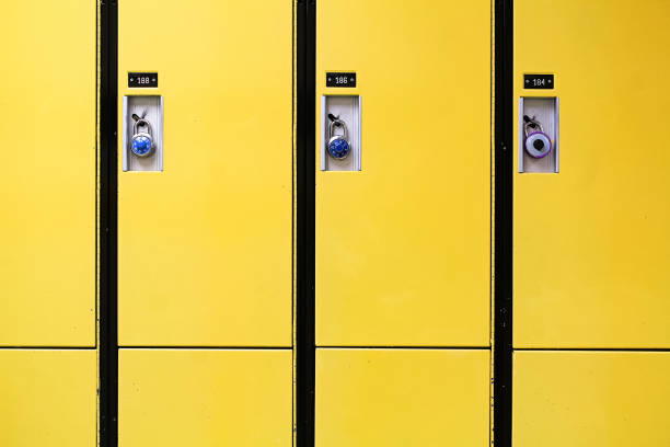 Colorful children's lockers in a row in the hallway of the elementary school.