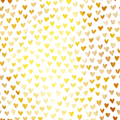 A collection of golden hearts. Beautiful stylish and modern design of small hearts arranged unevenly on a white piece of paper. 

Hand painted realistic illustration in vector. Zoom to see the details. Original stylish design associated with opulence, wealth and luxury. Artwork full of depth, glamor and glow. Isolated design object.
Vector file - enlarge without lost the quality.