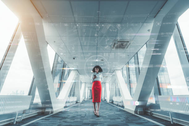 A businesswoman surrounded by UI