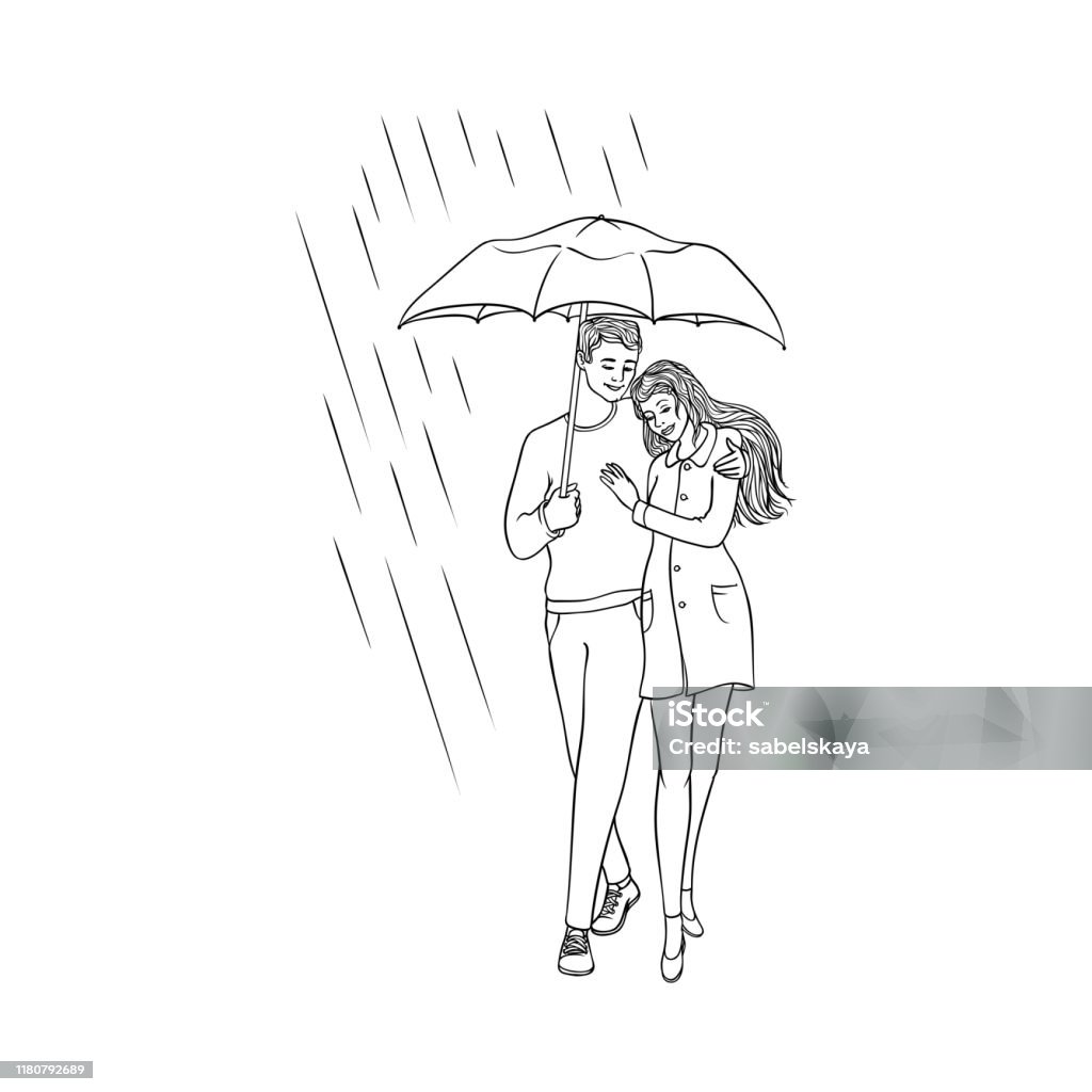 Vector Cartoon Couple Walking Under Rain Umbrella Stock Illustration -  Download Image Now - Coloring, Couple - Relationship, Love - Emotion -  iStock