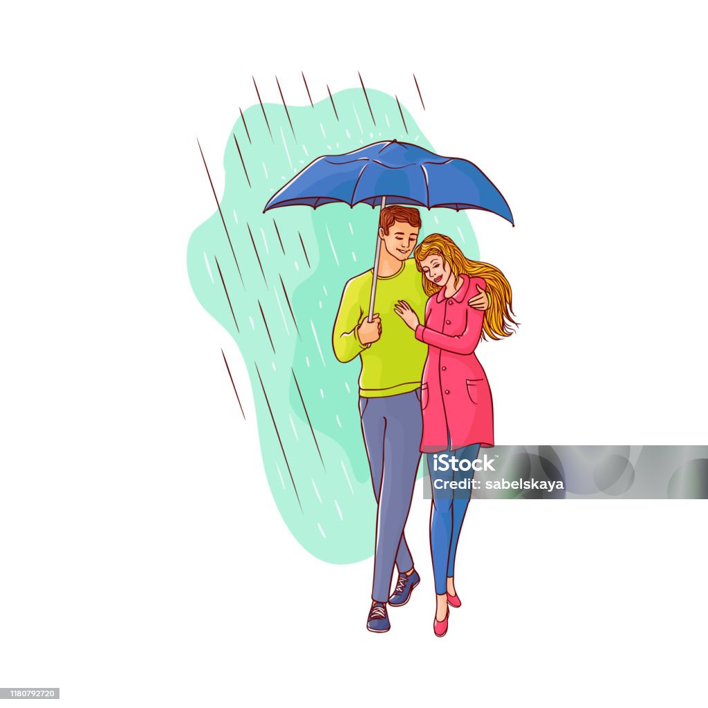 Vector Cartoon Couple Walking Under Rain Umbrella Stock ...
