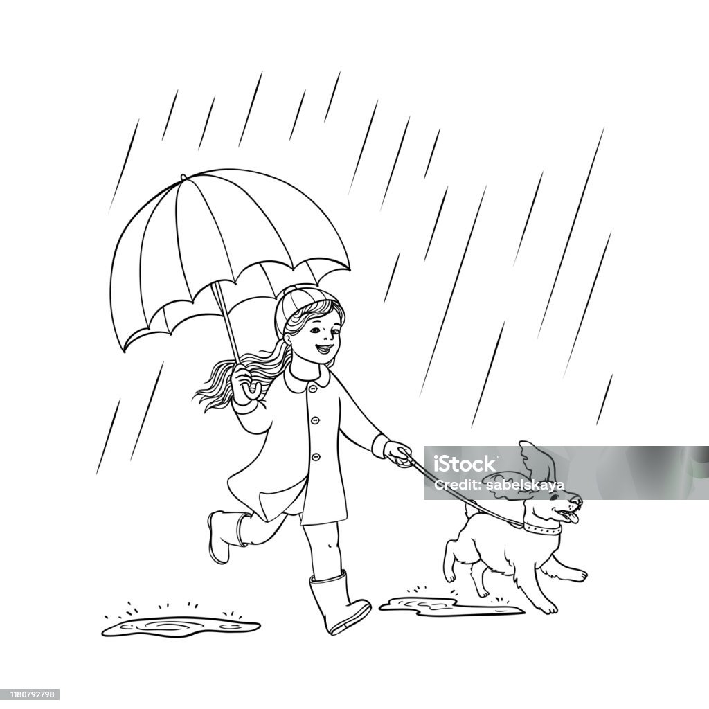 Vector Sketh Teen Girl Walking Umbrella Rain Dog Stock Illustration -  Download Image Now - Black And White, Child, Rain - iStock