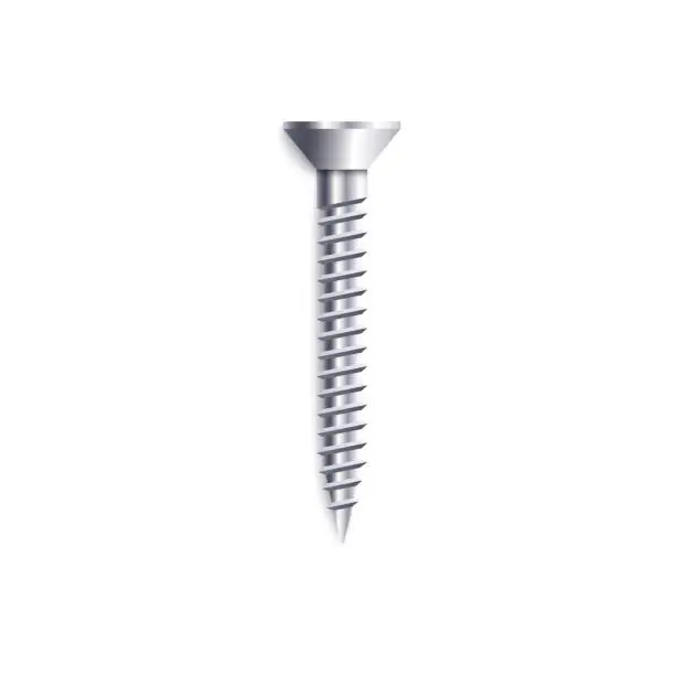 Vector illustration of One upright metal threaded screw with flat head in realistic style