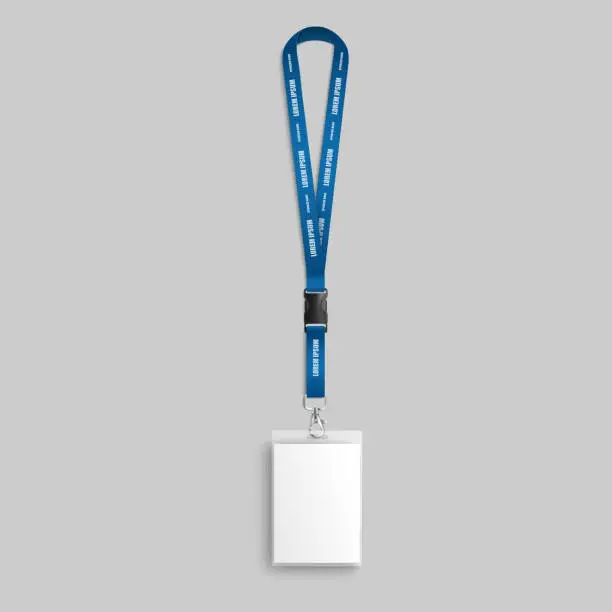 Vector illustration of Realistic blank badge on blue lanyard with identification and pass card for name holder.