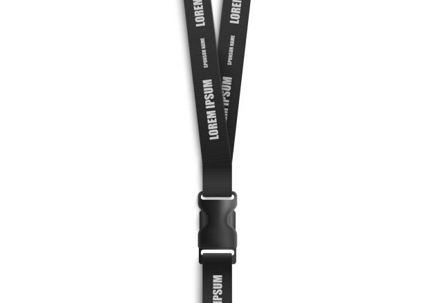 Realistic mockup of lack lanyard holder neck strap, closeup of ID badge holding rope part with plastic detachable latch and text template Realistic mockup of lack lanyard holder neck strap, closeup of ID badge holding rope part with plastic detachable latch and text template, isolated vector illustration on white background detachable stock illustrations