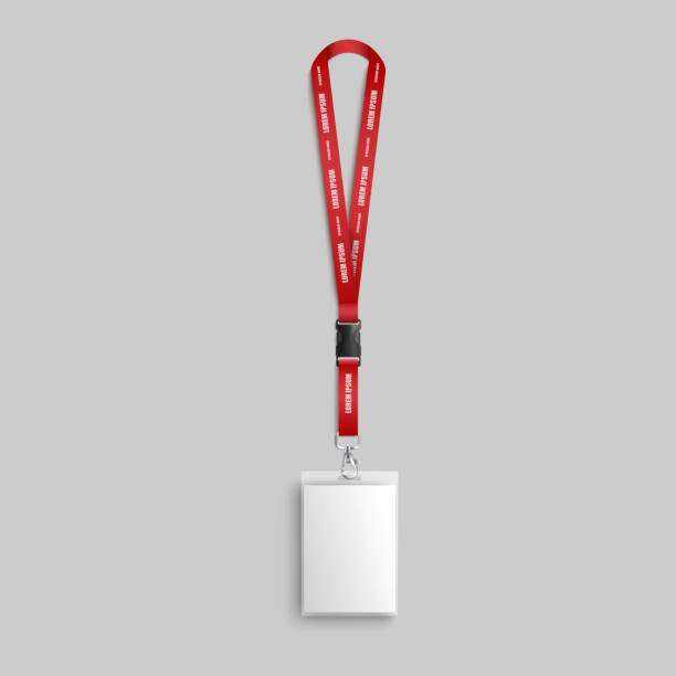 Blank white identity card lanyard hanging on red neck strap with text template, realistic mockup of name and photo identification badge Blank white identity card lanyard hanging on red neck strap with text template, realistic mockup of name and photo identification badge isolated on grey background, vector illustration pre press stock illustrations