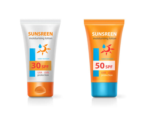 Sunblock lotion cream packages. Sunscreen protection cream tubes Solar care cosmetic realistic product. Sunblock lotion cream packages. Sunscreen protection cream tubes Solar care cosmetic realistic product. splash screen stock illustrations