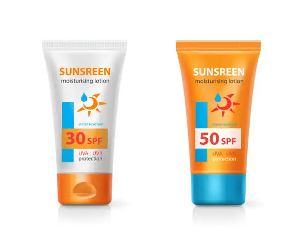 Vector illustration of Sunblock lotion cream packages. Sunscreen protection cream tubes Solar care cosmetic realistic product.