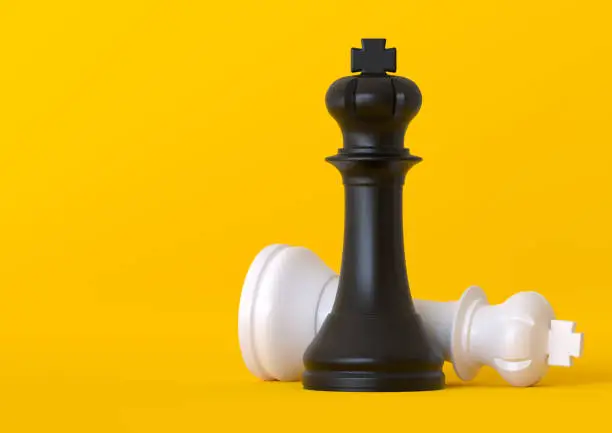 Black and white king chess piece isolated on pastel yellow background. Chess game figurine. Chess pieces. Board games. Strategy games. Creative minimal concept. 3d illustration, 3d rendering