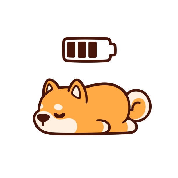 Cute cartoon sleeping dog Cute cartoon Shiba Inu puppy taking power nap with charging battery. Adorable sleeping dog drawing, vector illustration. shiba inu stock illustrations