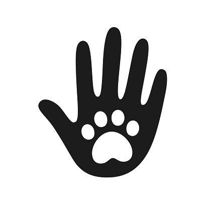 Human hand palm with dog or cat paw print symbol. Veterinary pet care, shelter adoption or animal charity design element. Helping hand vector illustration.