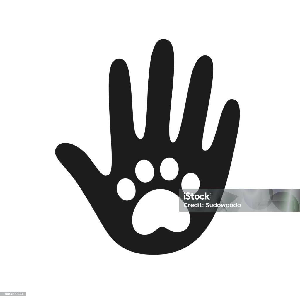 Human hand with pet paw print Human hand palm with dog or cat paw print symbol. Veterinary pet care, shelter adoption or animal charity design element. Helping hand vector illustration. Dog stock vector