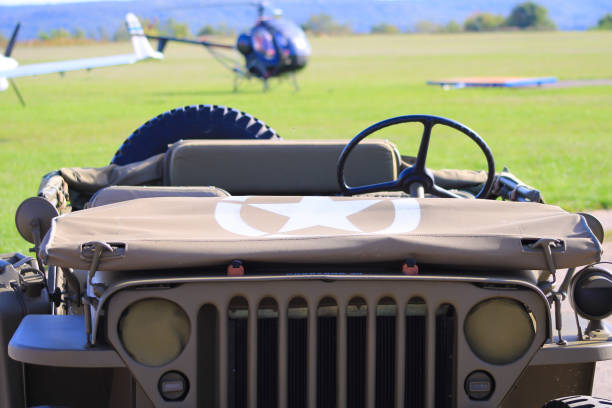 Cerny, France. Military vehicle. 13 October 2019 :
Jeep Ford GPA Preston 44 used during the Second World War by the US Army. Model restored to tow airplanes in airfields. jeep 4x4 off road vehicle world war ii stock pictures, royalty-free photos & images