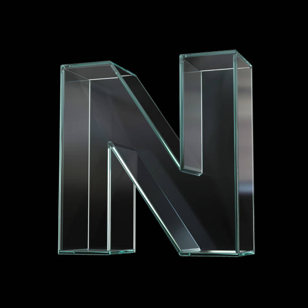 стеклянный шрифт 3d рендеринга, буква n - alphabet letter n three dimensional shape glass стоковые фото и изображения