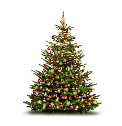Colorfully decorated Christmas tree in front of white background