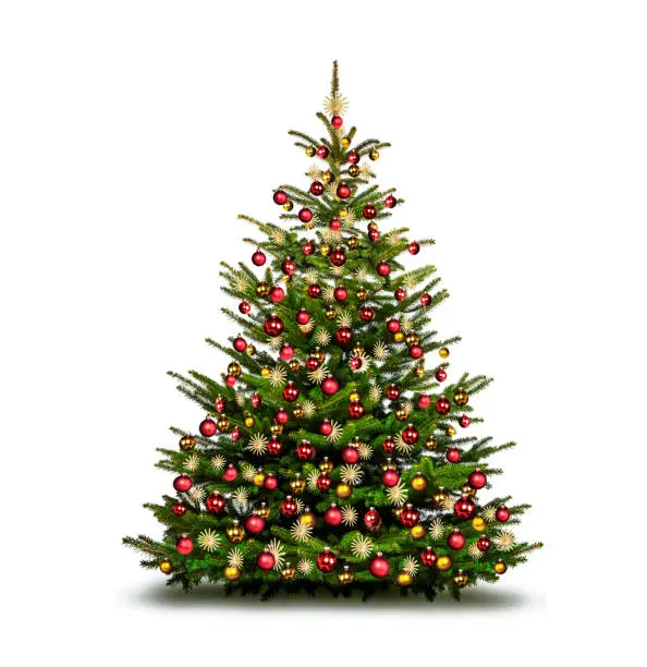 Photo of Colorfully decorated Christmas tree in front of white background