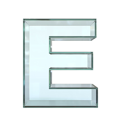 Glass font 3d rendering, letter E isolated illustration on white background