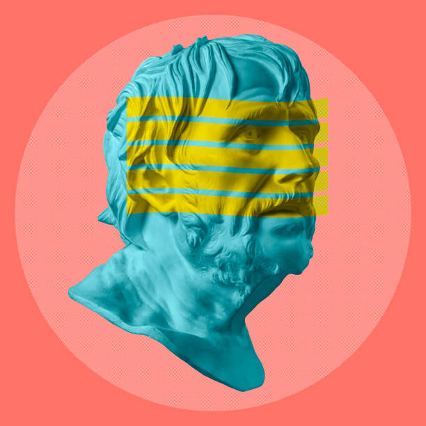 Contemporary art concept collage with antique sculptures head in a surreal style. Modern unusual art. Zine culture.