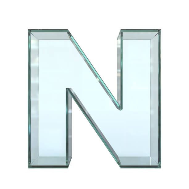 стеклянный шрифт 3d рендеринга, буква n - alphabet letter n three dimensional shape glass стоковые фото и изображения