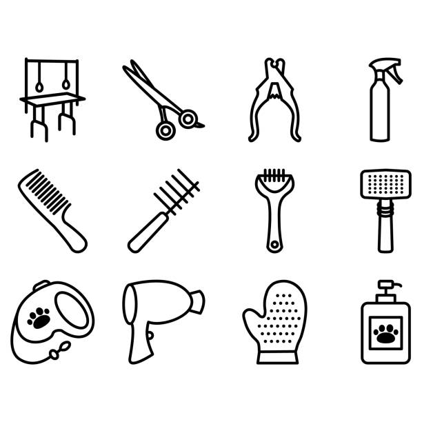 Pet grooming icon Pet grooming icons set. Collection of flat vector web icons. Tools used in beauty salon for animals. grooming animal behavior stock illustrations