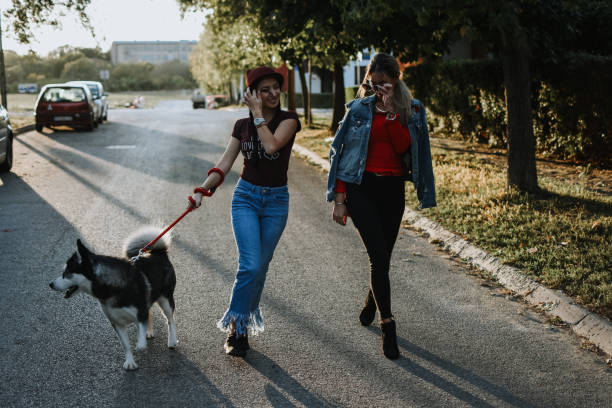 istock Two young women walking the dog 1180804699