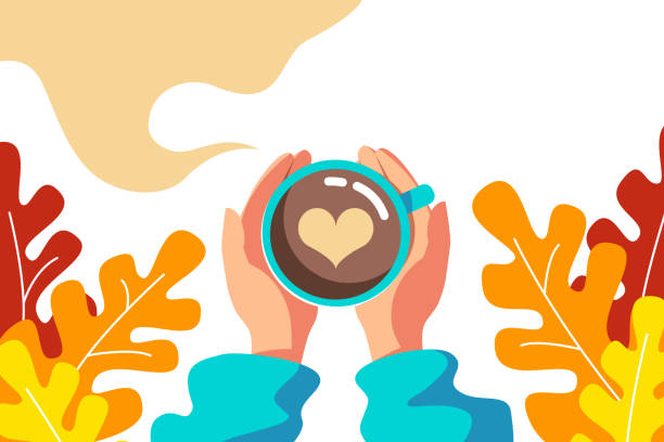 Autumn, a cup of coffee Autumn, a cup of coffee in the hands of a top view. Vector illustration in flat style. Hot warming autumn drink. Banner design. cup of tea hands stock illustrations