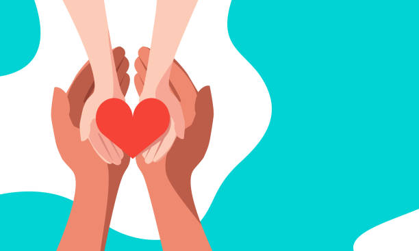 Red heart in the hands Red heart in the hands of man. A symbol of goodness, mercy, hope and love. Vector illustration in flat style. a helping hand illustrations stock illustrations