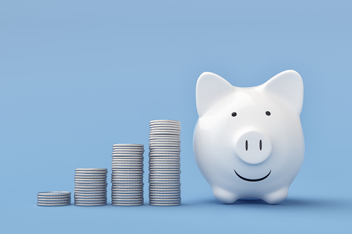 Incrementing Finance with Piggy Bank on Blue Background , 3d render