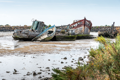 A group of wrecks of old wooden fishing boats are piled on the mud.