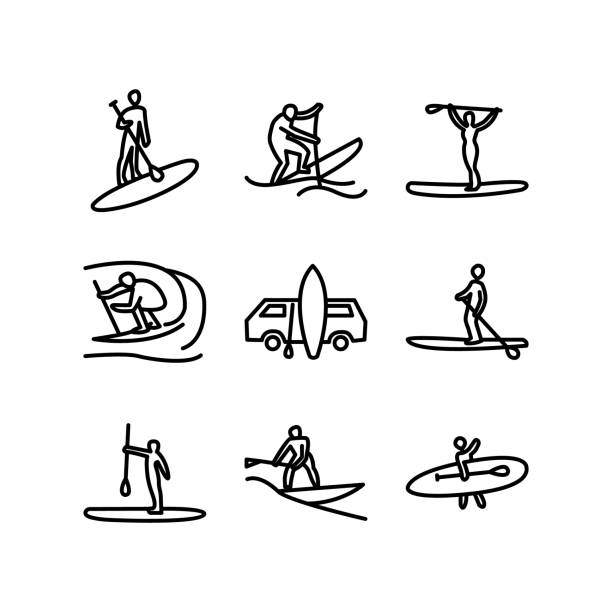 Stand Up Paddle Boarding SUP surfing Stand up paddle surfing, boarding. Man surfer with paddle. Paddleboarding, SUP fitness.  Abstract isolated contour of surfboarder. paddleboard stock illustrations