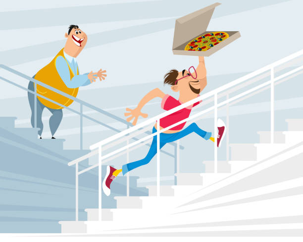 schnelle pizza-lieferung - pizza delivering running men stock-grafiken, -clipart, -cartoons und -symbole