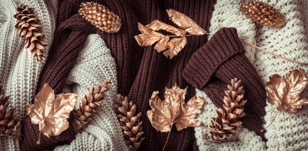 istock Autumn background with cozy sweaters and gold leaves . 1180813047