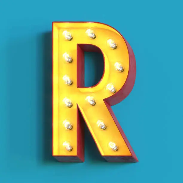 Light bulb glowing font, 3d alphabet character, 3d rendering, letter R