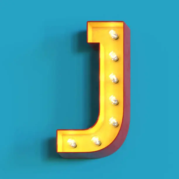 Light bulb glowing font, 3d alphabet character, 3d rendering, letter J