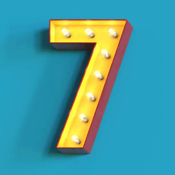 Light bulb glowing font, 3d alphabet character, 3d rendering, number 7