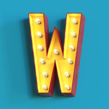 Light bulb glowing font, 3d alphabet character, 3d rendering, letter W