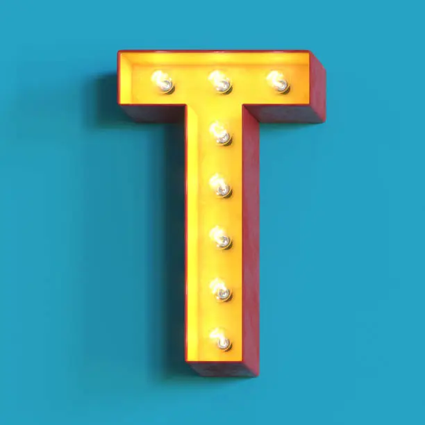 Light bulb glowing font, 3d alphabet character, 3d rendering, letter T