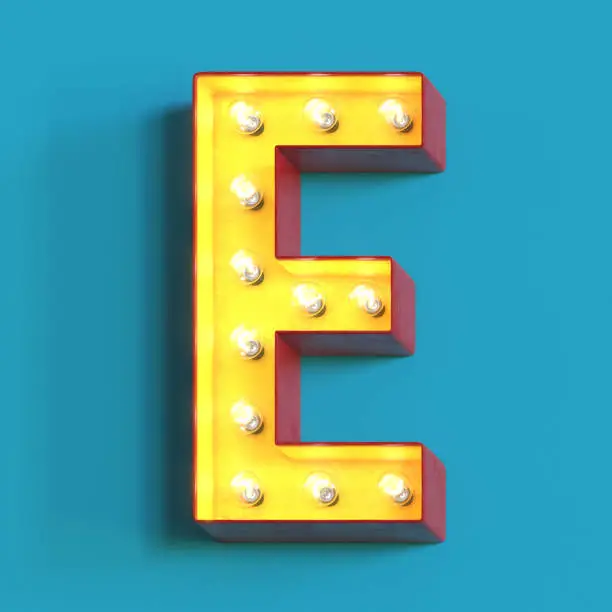 Light bulb glowing font, 3d alphabet character, 3d rendering, letter E