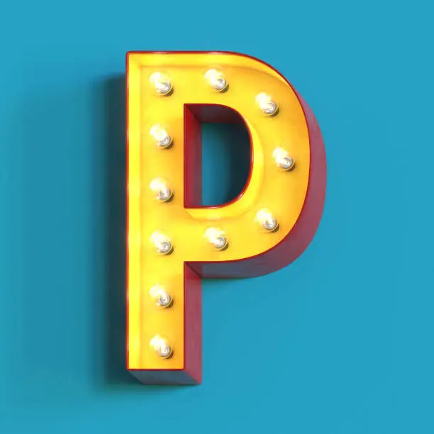 Light bulb glowing font, 3d alphabet character, 3d rendering, letter P