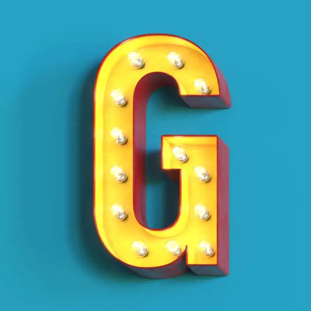 Light bulb glowing font, 3d alphabet character, 3d rendering, letter G