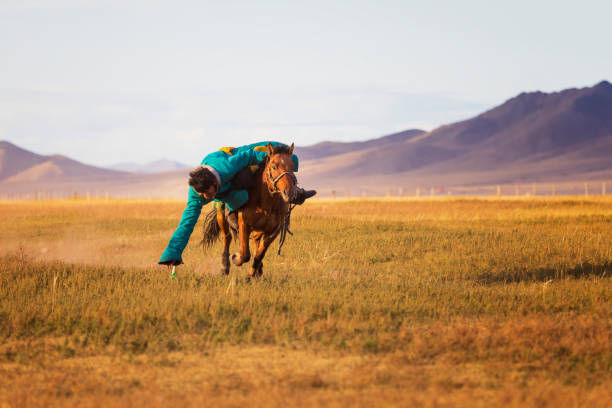 Erdenet, Mongolia, 15nd September 2019: rider in a landscape of Western Mongolia