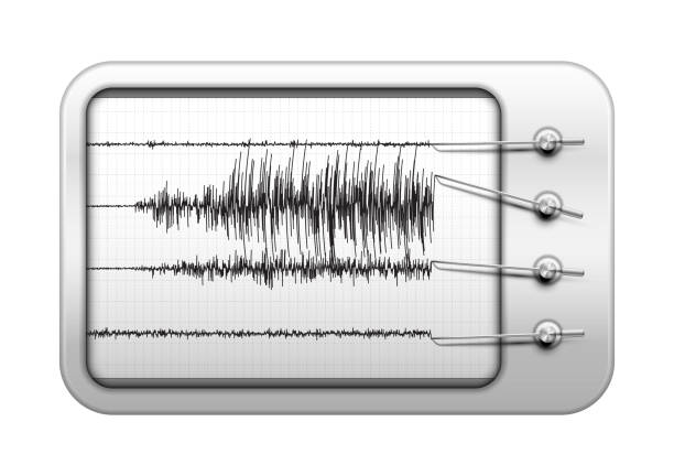 Seismograph recording seismic activity and detecting an earthquake Seismograph recording seismic activity and detecting an earthquake, seismology equipment for earthquake researching and prediction,  realistic analogous paper chart recorder seismology stock illustrations