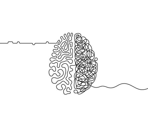 ilustraciones, imágenes clip art, dibujos animados e iconos de stock de creatividad cerebral humana vs caos lógico y ordene un concepto de dibujo de línea continuo - brain