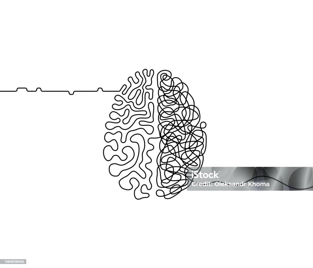 Human brain creativity vs logic chaos and order a continuous line drawing concept Human brain creativity vs logic chaos and order a continuous line drawing concept, organised vs disorganised left and right brain hemispheres as a chaos theory metaphor, one line vector illustration Line Art stock vector