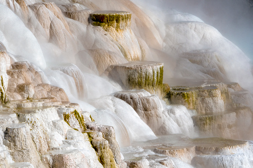 Close up of thermal water cascading over travertine terraces. Color from thermophiles living in water. Canary Spring, Mammoth Hot Springs, Yellowstone National Park, Wyoming, USA.