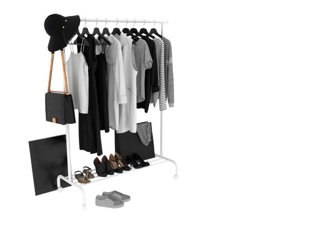 3d render tücher auf aufhänger - clothing closet hanger dress stock-fotos und bilder