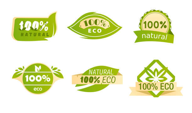 ilustrações de stock, clip art, desenhos animados e ícones de healthy organic food label with green leaves. tag, emblem, meal and drink logo for cafe, restaurants and products packaging. eco natural food promotion, healthy nutrition banner. vector illustration - biologic