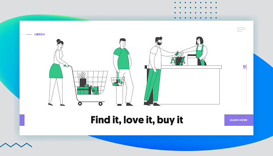 Queue in Store Website Landing Page. Customers Stand at Grocery or Supermarket Turn with Goods in Shopping Trolley Put Buys on Cashier Desk Web Page Banner. Cartoon Flat Vector Illustration, Line Art