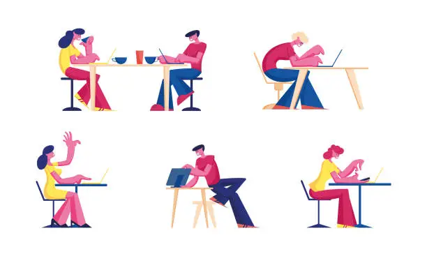 Vector illustration of People Working on Laptops in Cafe Set. Male and Female Characters Freelancers Sitting at Tables Drinking Beverages and Using Gadgets in Restaurant or Cafeteria. Cartoon Flat Vector Illustration